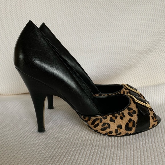 Franco Sarto Black Animal Print Peep Toe Heels - Picture 2 of 8